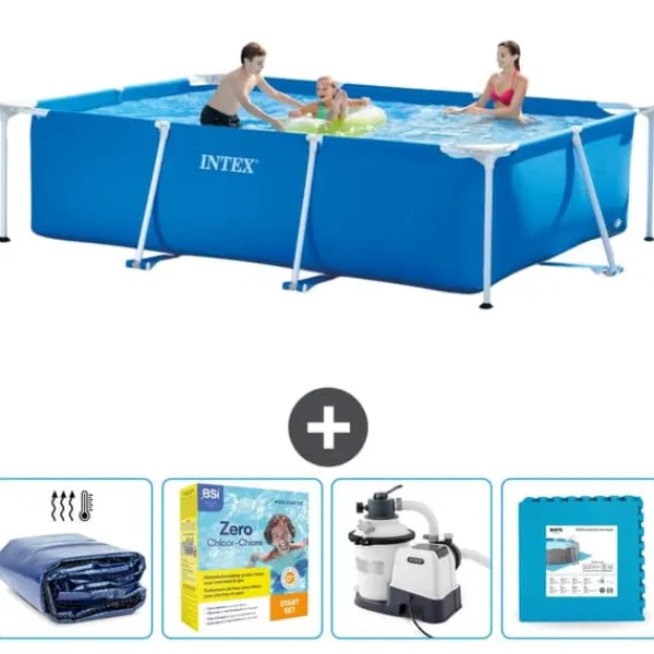 Pooler^Intex svømmebassin med rektangulær ramme - 300 x 200 x 75 cm - Blå - Inkluderet tilbehør CB67