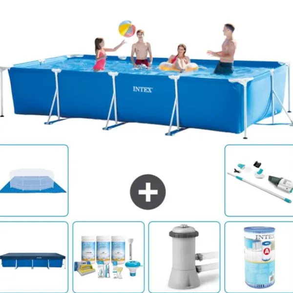 Discount Intex svømmebassin med rektangulær ramme - 450 x 220 x 84 cm - Blå - Inkluderet tilbehør A305 Pooler