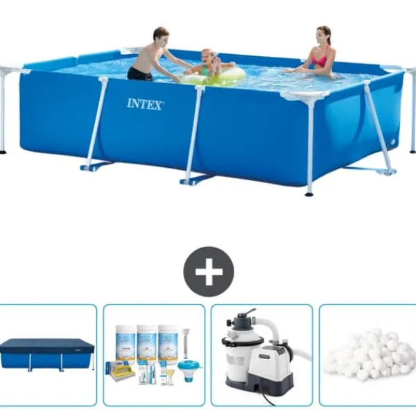 Sale Intex svømmebassin med rektangulær ramme - 300 x 200 x 75 cm - Blå - Inkluderet tilbehør CB63 Pooler