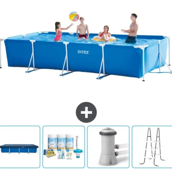 Pooler^Intex svømmebassin med rektangulær ramme - 450 x 220 x 84 cm - Blå - Inkluderet tilbehør CB6