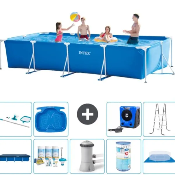 Pooler^Intex svømmebassin med rektangulær ramme - 450 x 220 x 84 cm - Blå - Inkluderet tilbehør A325