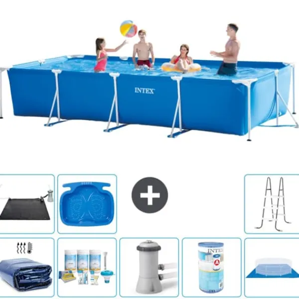 Pooler^Intex svømmebassin med rektangulær ramme - 450 x 220 x 84 cm - Blå - Inkluderet tilbehør A275