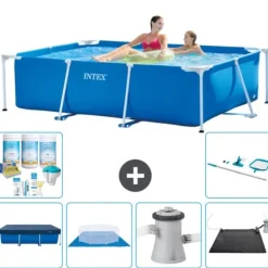 Pooler^Intex svømmebassin med rektangulær ramme - 220 x 150 x 60 cm - Blå - Inkluderet tilbehør CB97