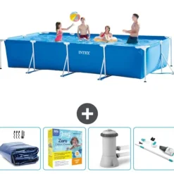 Pooler^Intex svømmebassin med rektangulær ramme - 450 x 220 x 84 cm - Blå - Inkluderet tilbehør CB12