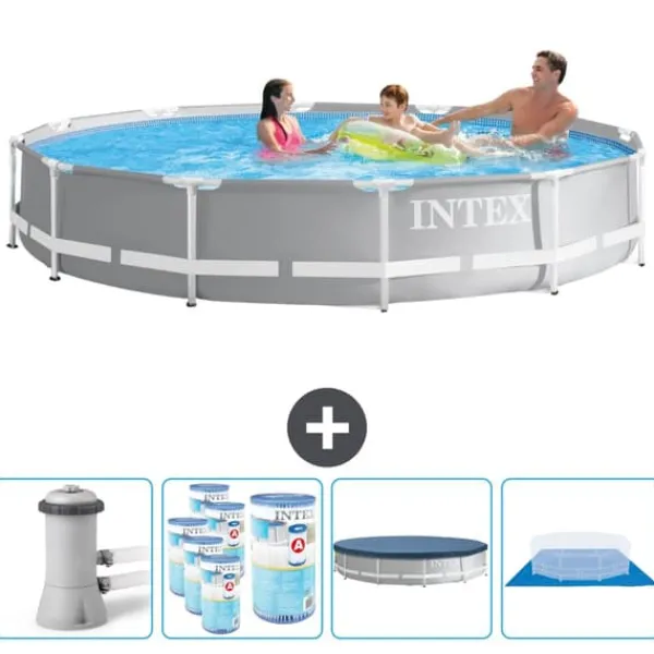 Pooler^Intex svømmebassin med rund prismeramme - 366 x 76 cm - Grå - Inklusive Tilbehør CB88