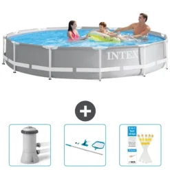 Pooler^Intex svømmebassin med rund prismeramme - 366 x 76 cm - Grå - Inkluderet tilbehør CB82