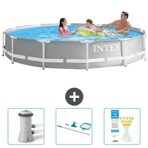 Pooler^Intex svømmebassin med rund prismeramme - 366 x 76 cm - Grå - Inkluderet tilbehør CB82