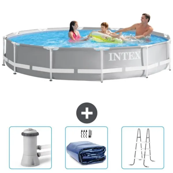 Pooler^Intex svømmebassin med rund prismeramme - 366 x 76 cm - Grå - Inkluderet tilbehør CB83
