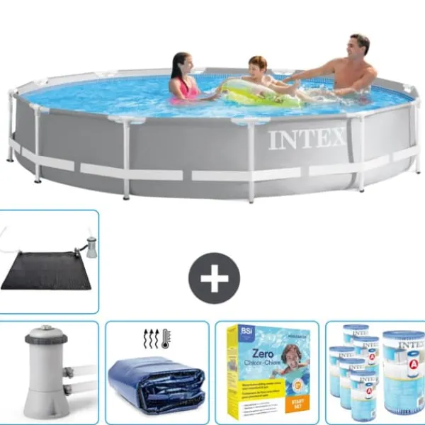 Pooler^Intex svømmebassin med rund prismeramme - 366 x 76 cm - Grå - Inklusive Tilbehør CB25