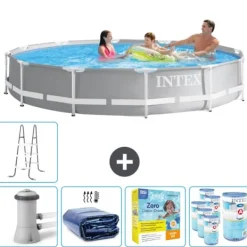 Pooler^Intex svømmebassin med rund prismeramme - 366 x 76 cm - Grå - Inklusive Tilbehør CB27