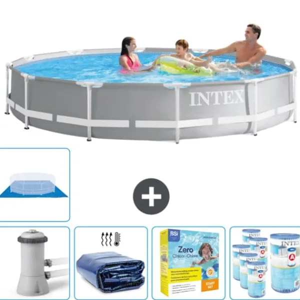 Pooler^Intex svømmebassin med rund prismeramme - 366 x 76 cm - Grå - Inklusive Tilbehør CB22