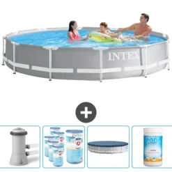 Pooler^Intex svømmebassin med rund prismeramme - 366 x 76 cm - Grå - Inklusive Tilbehør CB87