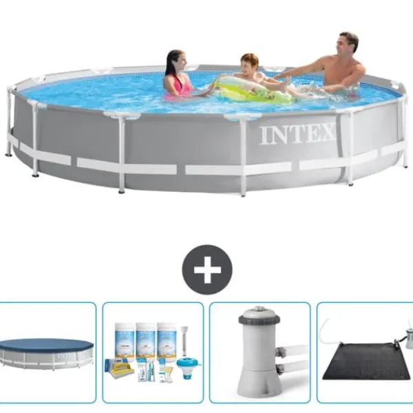 New Intex svømmebassin med rund prismeramme - 366 x 76 cm - Grå - Inkluderet tilbehør CB4 Pooler