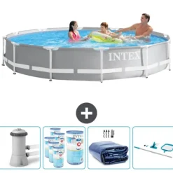 New Intex svømmebassin med rund prismeramme - 366 x 76 cm - Grå - Inklusive Tilbehør CB90 Pooler