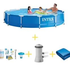 Online Intex swimmingpool - metalramme - 366 x 76 cm - WAYS vedligeholdelsespakke, filterpumpe og jordklud Pooler