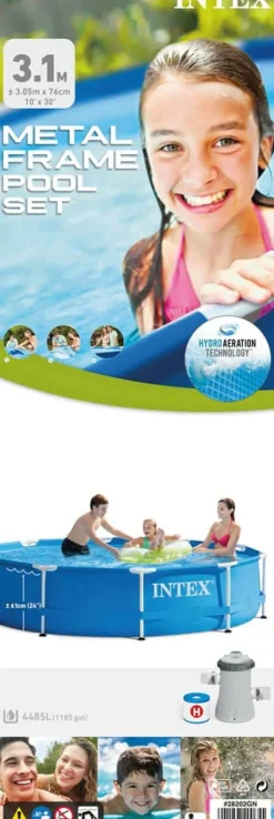 Pooler^Intex swimmingpool - Metalramme - 305 x 76 cm - Inklusiv solsejl- og filterpumpe