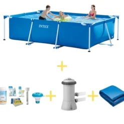 Pooler^Intex swimmingpool - Rammebassin - 300 x 200 x 75 cm - Inklusiv WAYS-vedligeholdelsespakke, filterpumpe og jordklud