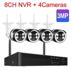 IP Kamera System, Høj Opløsning Video, To-Vejs Lyd,8CH og 4stk 3MP kamera, Ingen Sikkerhedsmonitorer & Videokameraer