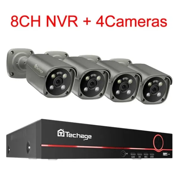Clearance 4K Ultra HD Sikkerhedskamera System, AI Menneskeopdagelse, To-Vejs Lyd,Ingen, 8CH NVR og 4 Kamera Sikkerhedsmonitorer & Videokameraer