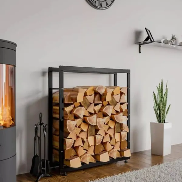 Discount Keri V2 Black Metal Firewood Log Holder Stand Rack - 25x80x100 cm Tilbehør Til Brændeovne & Pejse