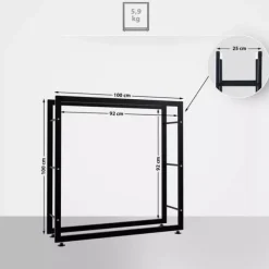 Tilbehør Til Brændeovne & Pejse^Keri V2 Firewood Rack - Black Metal, 25x100x100 cm - Stable Indoor Wood Storage with Crossbars
