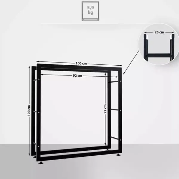 Tilbehør Til Brændeovne & Pejse^Keri V2 Firewood Rack - Black Metal, 25x100x100 cm - Stable Indoor Wood Storage with Crossbars