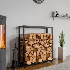 Tilbehør Til Brændeovne & Pejse^Keri V2 Firewood Rack - Black Metal, 25x100x100 cm - Stable Indoor Wood Storage with Crossbars
