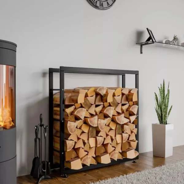 Tilbehør Til Brændeovne & Pejse^Keri V2 Firewood Rack - Black Metal, 25x100x100 cm - Stable Indoor Wood Storage with Crossbars