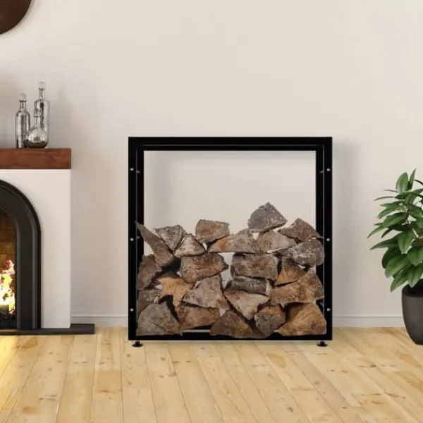 Tilbehør Til Brændeovne & Pejse^Keri V2 Firewood Rack - Black Metal, 25x100x100 cm - Stable Indoor Wood Storage with Crossbars