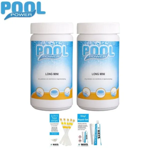 Discount Klortabletter til svømmebassiner - Poolpower - 2 kg & WAYS Reparationssæt og teststrimler Pool- & Spatilbehør