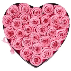 Blomster^Konserveret Rosebuket, 27 Roser Hjerteæske, 223x230x140 mm, Lyserød