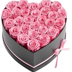 Blomster^Konserveret Rosebuket, 27 Roser Hjerteæske, 223x230x140 mm, Lyserød