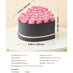 Blomster^Konserveret Rosebuket, 27 Roser Hjerteæske, 223x230x140 mm, Lyserød