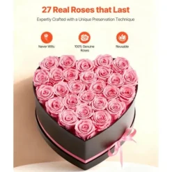Blomster^Konserveret Rosebuket, 27 Roser Hjerteæske, 223x230x140 mm, Lyserød