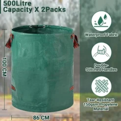 Hot Kraftige haveaffaldsposer - 500L x 2-pak Genanvendelige haveaffaldsposer med håndtag Havekurve