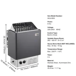 Sauna^8KW Elektrisk Saunaovne, Indbygget Styring, Ideel til 8-12 m³ Hjemmespa, Energibesparende, Hurtig Opvarmning