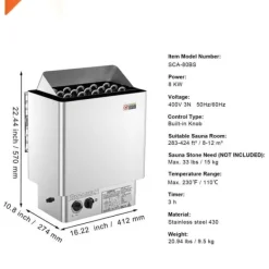 Sauna^8KW Elektrisk Saunavarmer, Indbygget Kontrol, Rustfrit Stål, til 8-12 m³ HomeSpa, Effektiv Opvarmning, Energibesparende