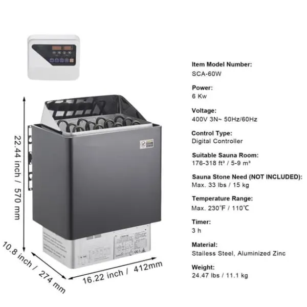 Sauna^6KW Elektrisk Saunavarmer, Digital Controller, Ideel til 5-9 m³ Home Spa, effektiv opvarmning, energieffektivisering