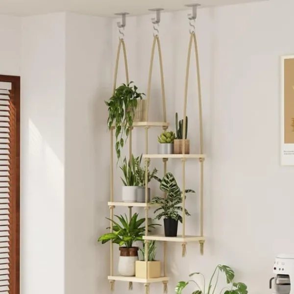 Krukkeplanter Indendørs^5-lags macramé hængende plantestativ til vindue – håndlavet plantestativ og indendørs planteholder
