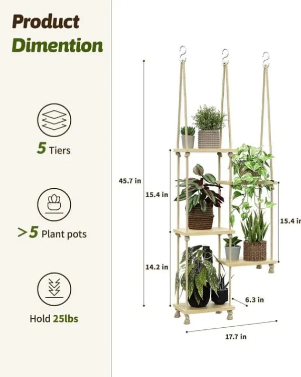 Krukkeplanter Indendørs^5-lags macramé hængende plantestativ til vindue – håndlavet plantestativ og indendørs planteholder