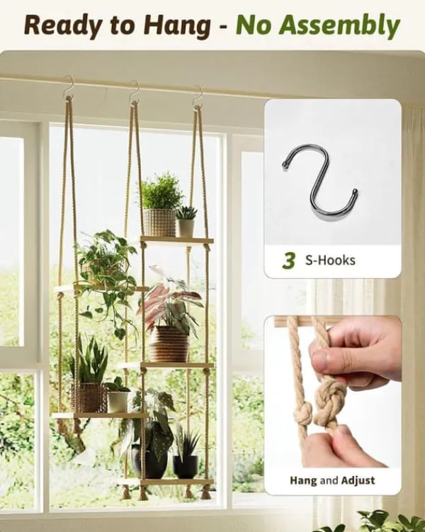Krukkeplanter Indendørs^5-lags macramé hængende plantestativ til vindue – håndlavet plantestativ og indendørs planteholder