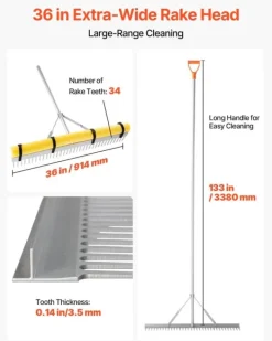 Landskabsrive - Planrive i aluminium - Hovedbredde 91,4 cm - Skaftlængde 3,38 m - Letvægt - Til Jord, Grus og Asfalt - Inkl. 15,8 m Reb Haveværktøj