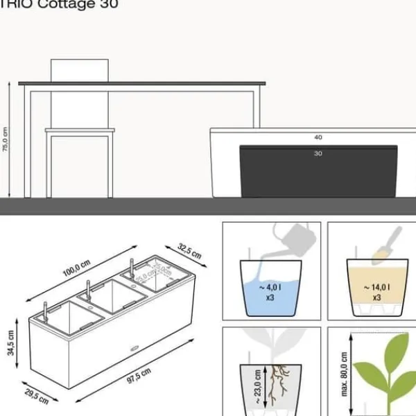 Krukker & Plantebeholdere^LECHUZA Trio Cottage 30 Blomkruka - Komplett Kit Ljusgrå
