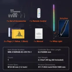Online LED Piskelygte med Spiral Antenne 1 stk 3FT RGB, Fjernbetjening via App. Flag & Vindposer