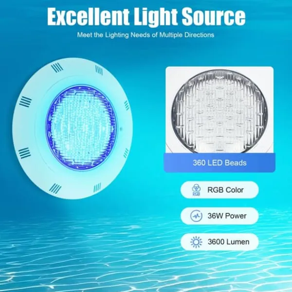 Pool- & Spatilbehør^LED poollampe - Undervandslampe - 12 V AC - 10 W - 360 LED - 3600 lm - IP68 - 29,5 x 7 cm - Hvid