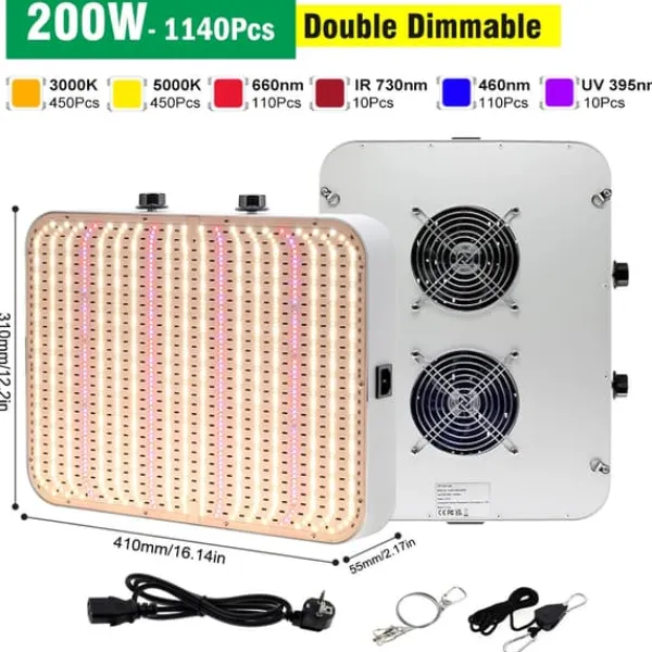 Clearance LED Vækstlys, Fuldspektrum, Dæmpbar,200W Kit Til Plante- & Urtedyrkning