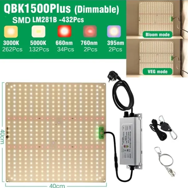 LED Vækstlys, Fuldt Spektrum, Dæmpbare Funktioner,QBK1500PLUS DIM, EU Kit Til Plante- & Urtedyrkning