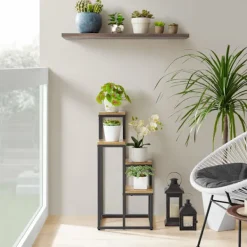 Discount Leobert Reol/Plantehylde 4 Hylder I Eg/Sorte Ben 78X9X41 Plantestativer