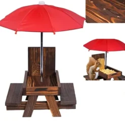 Til Fugle & Småvildt^Lollanda Bordsæt til egern – udendørs picnicbord med parasol til fodring af fugle og egern, dekorativ havestation