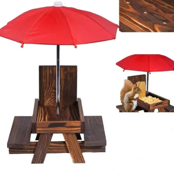 Til Fugle & Småvildt^Lollanda Bordsæt til egern – udendørs picnicbord med parasol til fodring af fugle og egern, dekorativ havestation